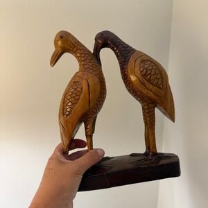 Vintage Hand Carved Wood Bird Pair Folk Art Sculpture Figurine on Base Tribal